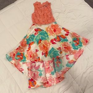 Sleeveless Glitter Lace Beaded Waist Box Pleated Floral High-Low Skirt Dress